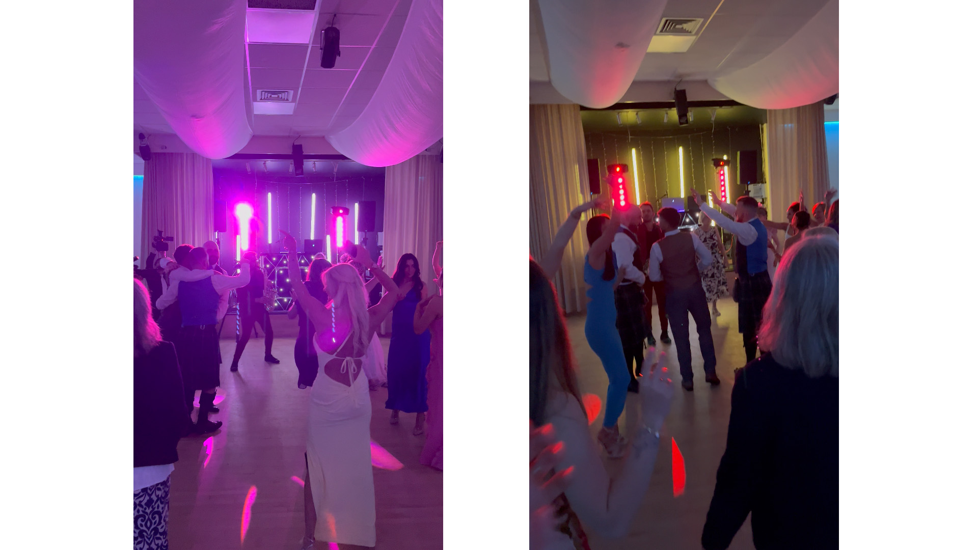 Premier Disco DJ setup with guests dancing and Man With The Red Suit Tom B Sax performing at Royal Musselburgh Golf Club Prestonpans wedding reception — Connor and Emma McKenzie