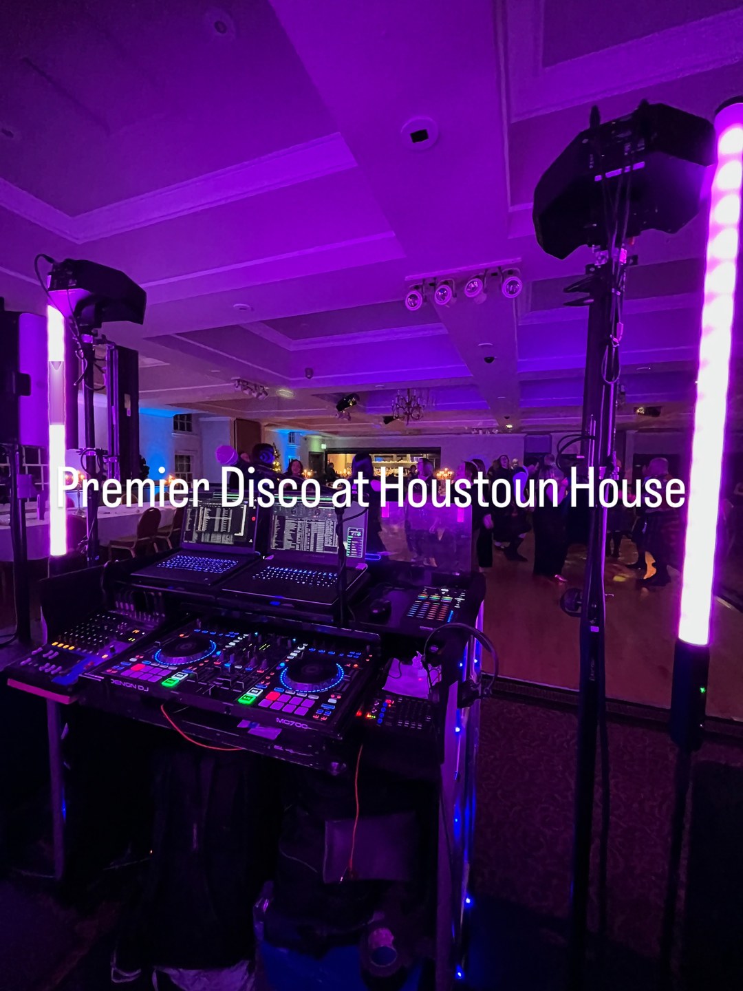 Premier Disco Wedding DJ Setup at Houstoun House West Lothian - Premier Disco Weddings Premier disco weddings premier disco professional wedding dj setup at houstoun house west lothian with purple uplighting, led tube lights and guests on the dance floor